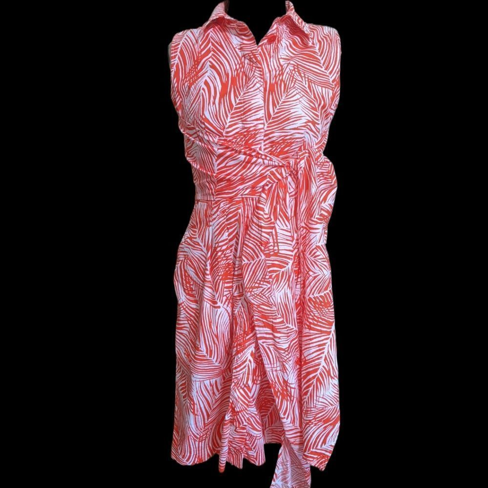 COPY - COPY - Talbot's Orange White Palm Print Button Front Wrap Dress w. Pocke…